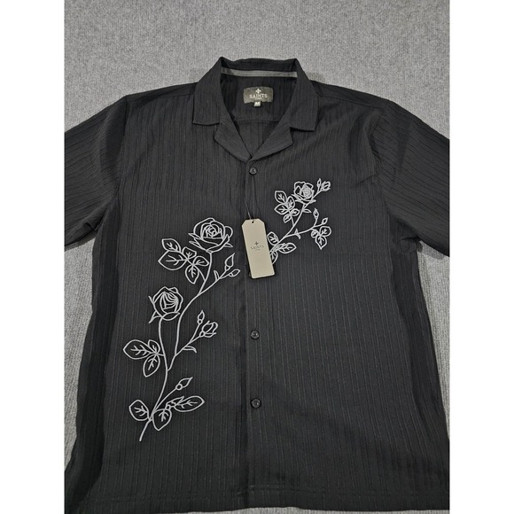 Saints Studio Mens Black Textured Rose Embroidered Button Down Shirt Size M - Picture 5 of 14